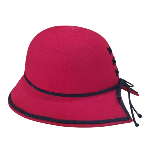 Liz Claiborne Red Wool Cloche Hat with Black Trim. - Picture 6 of 12